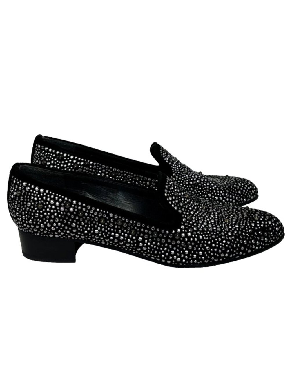 Stuart Weitzman Slipbead Studded Loafers Black Suede Silver Sparkle Slipper sz 8